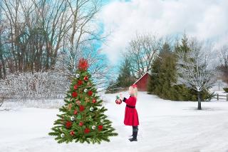 Decorated Christmas tree in snow with girl in red